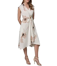 Donna Karan Satin Back Crepe Floral V-Neck Sleeveless Faux Wrap Midi Dress