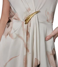 Donna Karan Satin Back Crepe Floral V-Neck Sleeveless Faux Wrap Midi Dress
