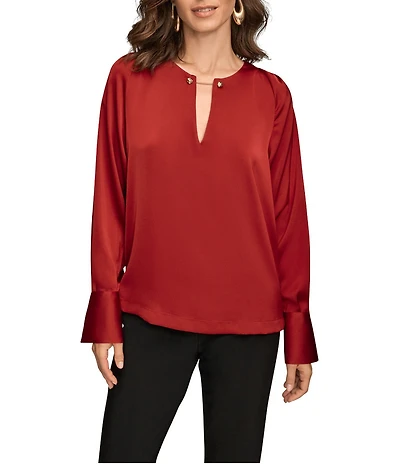 Donna Karan Satin Back Crepe Gold Chain Hardware V-Neck Long Sleeve Blouse