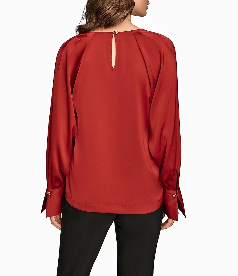 Donna Karan Satin Back Crepe Gold Chain Hardware V-Neck Long Sleeve Blouse