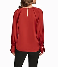 Donna Karan Satin Back Crepe Gold Chain Hardware V-Neck Long Sleeve Blouse