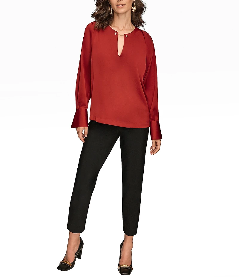 Donna Karan Satin Back Crepe Gold Chain Hardware V-Neck Long Sleeve Blouse