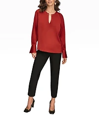 Donna Karan Satin Back Crepe Gold Chain Hardware V-Neck Long Sleeve Blouse