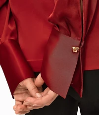 Donna Karan Satin Back Crepe Gold Chain Hardware V-Neck Long Sleeve Blouse