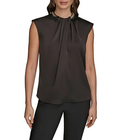 Donna Karan Satin Back Crepe Hardware Twist Neck Cap Sleeve Blouse