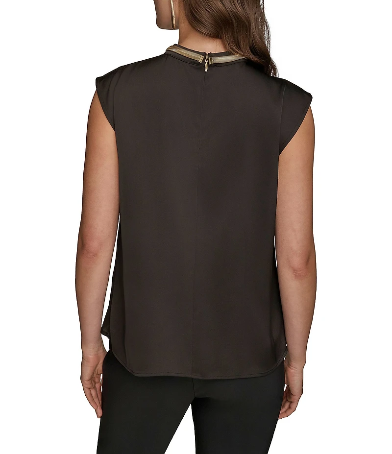 Donna Karan Satin Back Crepe Hardware Twist Neck Cap Sleeve Blouse