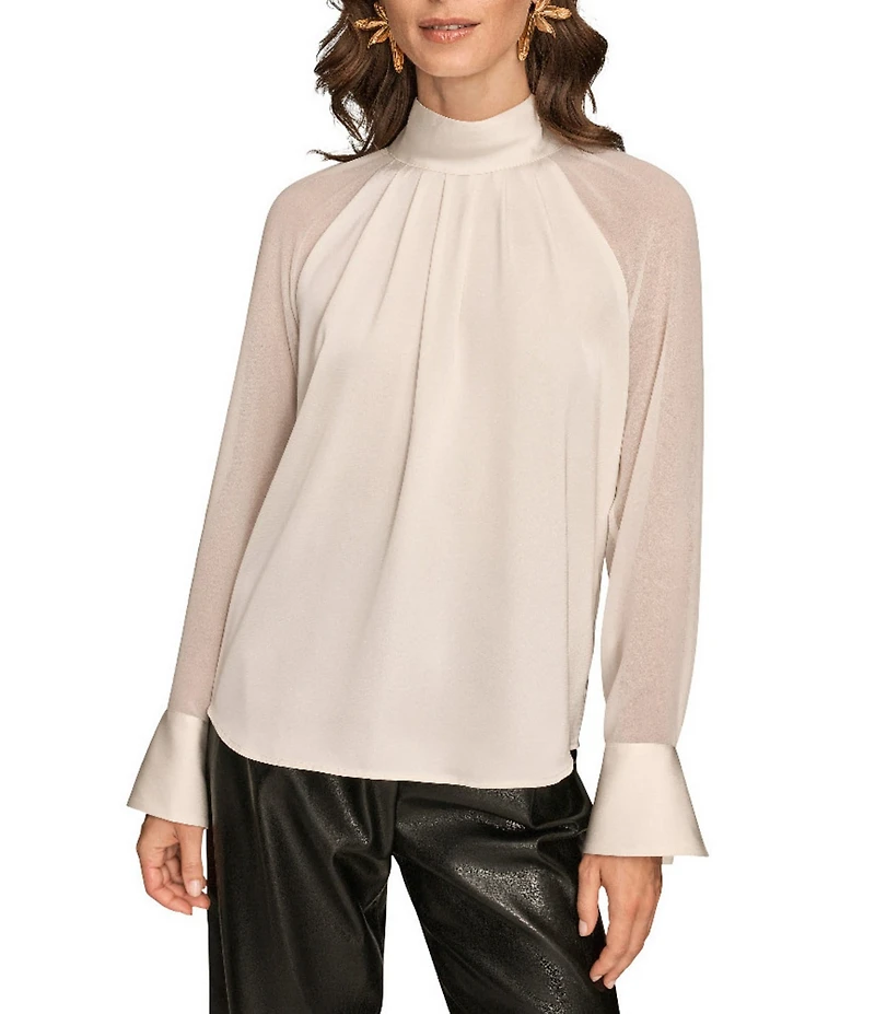 Donna Karan Satin Back Crepe Mock Neck Long Sleeve Hardware Cuff Blouse