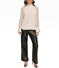Donna Karan Satin Back Crepe Mock Neck Long Sleeve Hardware Cuff Blouse