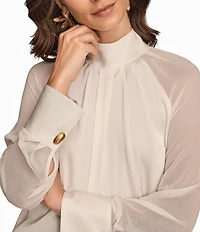 Donna Karan Satin Back Crepe Mock Neck Long Sleeve Hardware Cuff Blouse