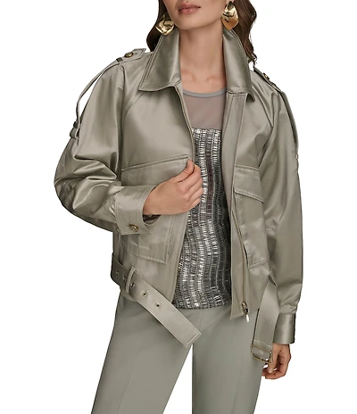 Donna Karan Satin Belted Point Collar Long Sleeve Jacket