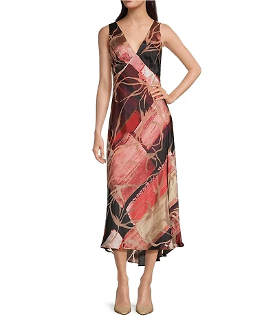 Donna Karan Satin Burnout V-Neck Sleeveless Midi Dress