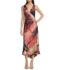 Donna Karan Satin Burnout V-Neck Sleeveless Midi Dress