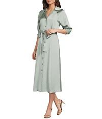 Donna Karan Satin Collared Neck 3/4 Sleeve Belted Midi Shirt Dress