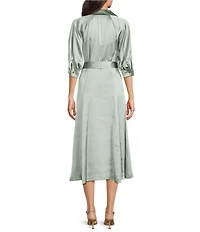 Donna Karan Satin Collared Neck 3/4 Sleeve Belted Midi Shirt Dress