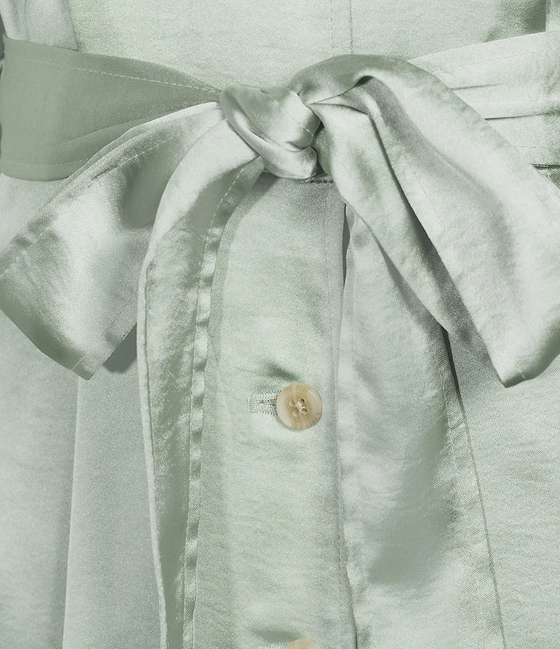 Donna Karan Satin Collared Neck 3/4 Sleeve Belted Midi Shirt Dress