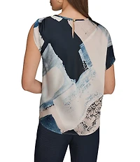 Donna Karan Satin Crepe Printed Scoop Neck Asymmetric Sleeve Blouse