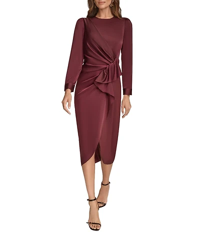 Donna Karan Satin Crew Neck Long Sleeve Faux Wrap Midi Dress