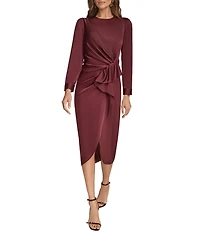 Donna Karan Satin Crew Neck Long Sleeve Faux Wrap Midi Dress