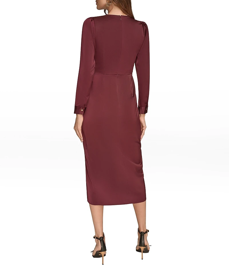 Donna Karan Satin Crew Neck Long Sleeve Faux Wrap Midi Dress