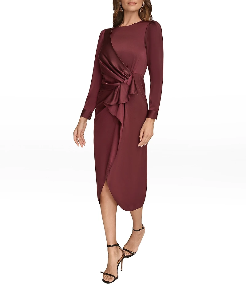 Donna Karan Satin Crew Neck Long Sleeve Faux Wrap Midi Dress
