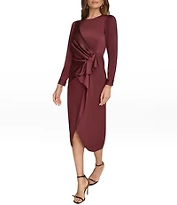Donna Karan Satin Crew Neck Long Sleeve Faux Wrap Midi Dress