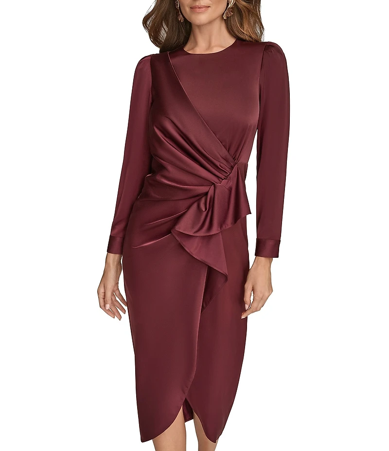 Donna Karan Satin Crew Neck Long Sleeve Faux Wrap Midi Dress