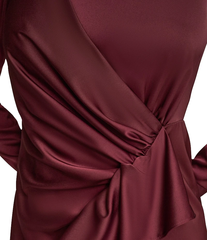 Donna Karan Satin Crew Neck Long Sleeve Faux Wrap Midi Dress