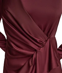 Donna Karan Satin Crew Neck Long Sleeve Faux Wrap Midi Dress