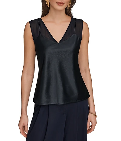 Donna Karan Satin Knit V-Neck Sleeveless Top