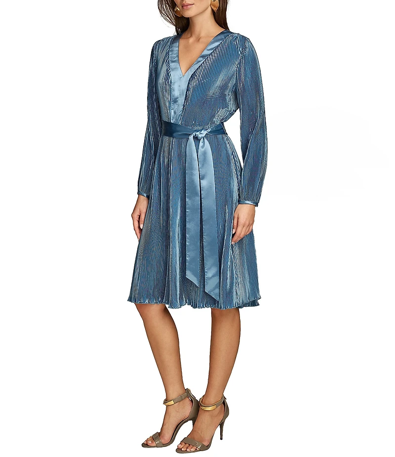 Donna Karan Satin V-Neck Long Sleeve Tie Sash Sheath Dress