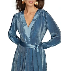 Donna Karan Satin V-Neck Long Sleeve Tie Sash Sheath Dress