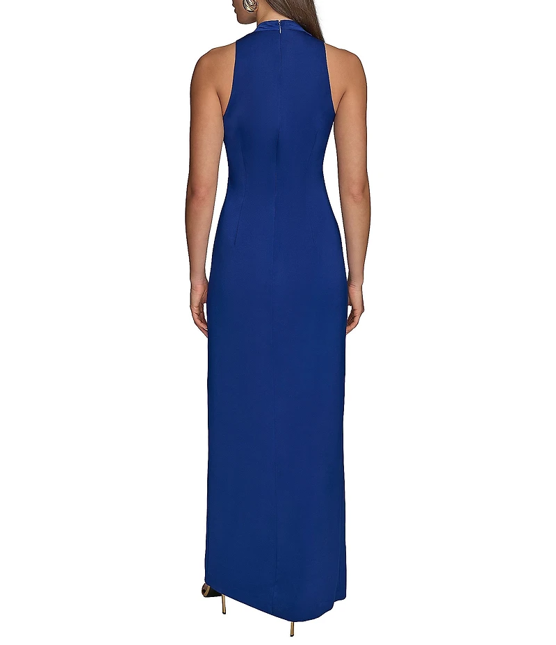 Donna Karan Satin V-Neck Sleeveless Hardware Twist Front Gown