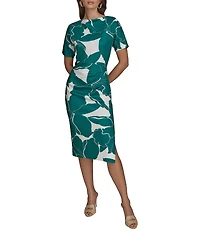 Donna Karan Scuba Boatneck Short Sleeve Midi Sheath Dress