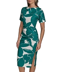 Donna Karan Scuba Boatneck Short Sleeve Midi Sheath Dress