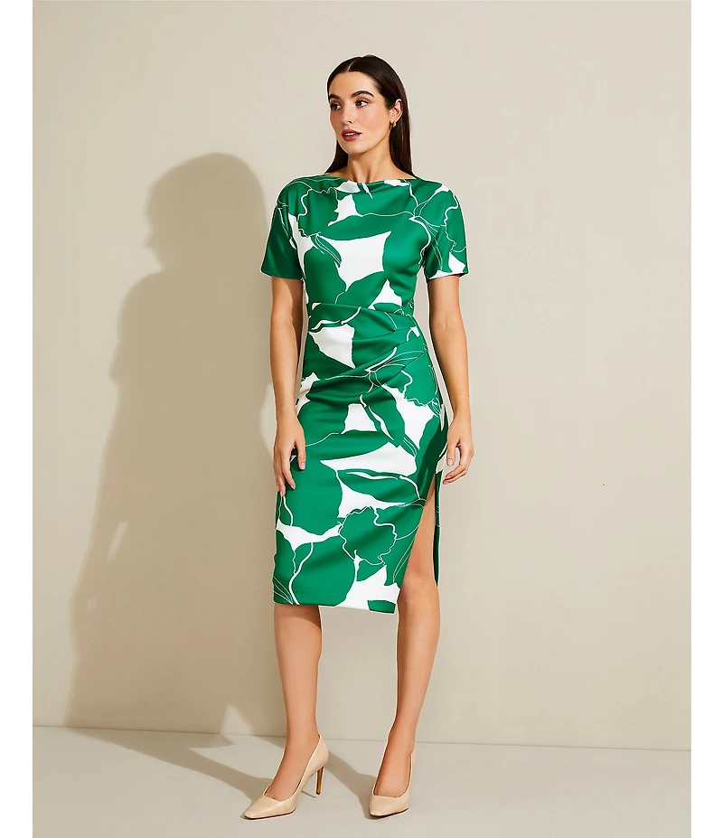 Donna Karan Scuba Boatneck Short Sleeve Midi Sheath Dress