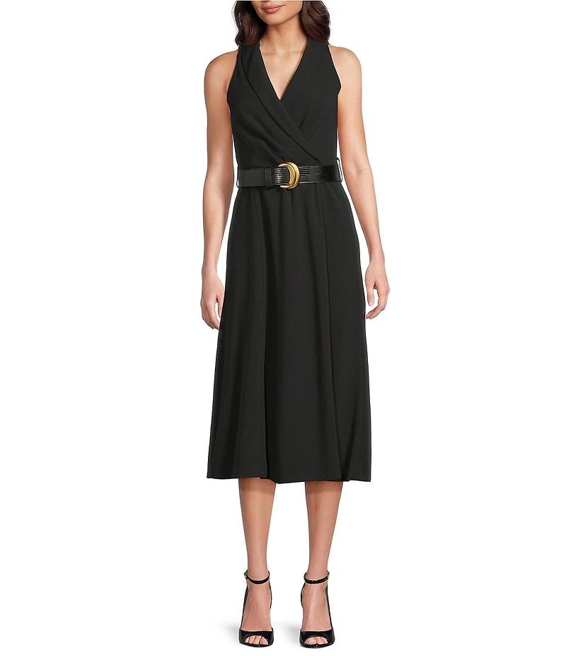 Donna Karan Scuba Crepe Belted A-Line Midi Dress