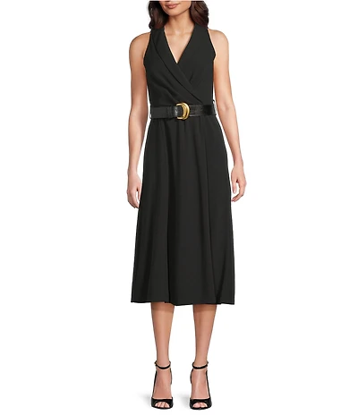 Donna Karan Scuba Crepe Belted A-Line Midi Dress