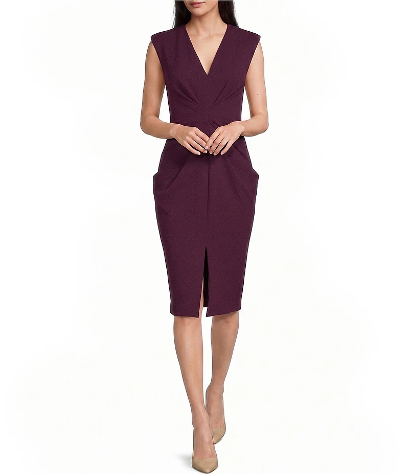 Donna Karan Scuba Crepe Cap Sleeve Ruched Midi Dress