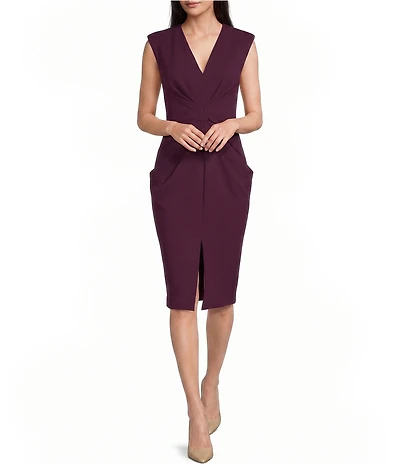 Donna Karan Scuba Crepe Cap Sleeve Ruched Midi Dress