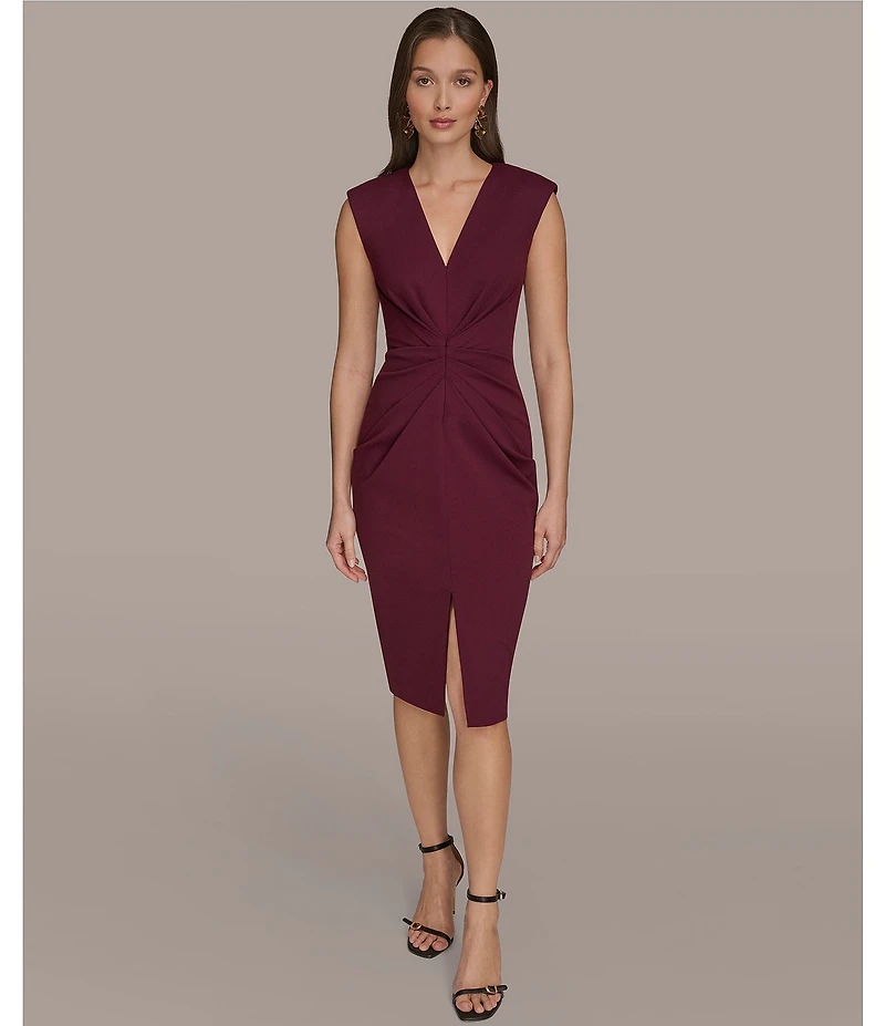 Donna Karan Scuba Crepe Cap Sleeve Ruched Midi Dress
