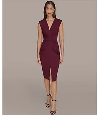 Donna Karan Scuba Crepe Cap Sleeve Ruched Midi Dress