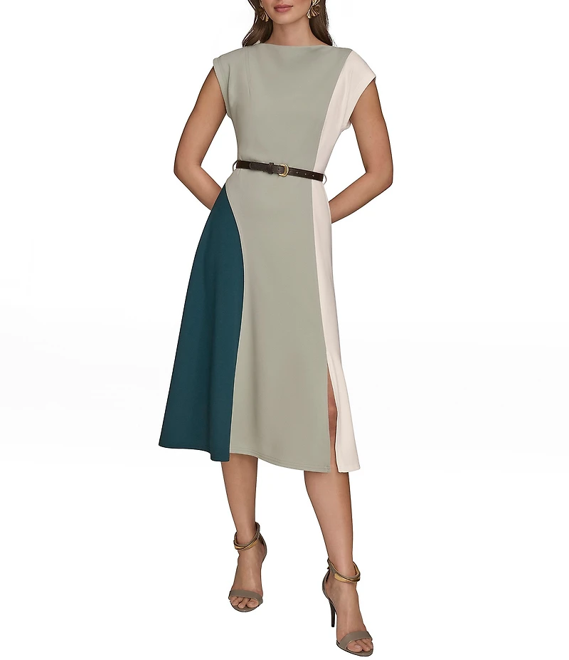 Donna Karan Scuba Crepe Short Sleeve A-Line Belted Midi Dress