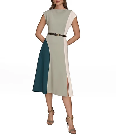 Donna Karan Scuba Crepe Short Sleeve A-Line Belted Midi Dress