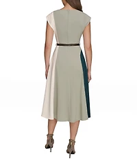Donna Karan Scuba Crepe Short Sleeve A-Line Belted Midi Dress
