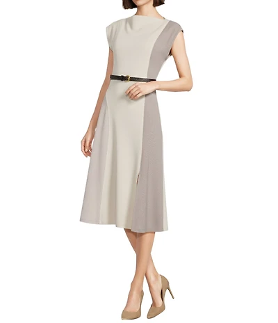 Donna Karan Scuba Crepe Short Sleeve A-Line Belted Midi Dress