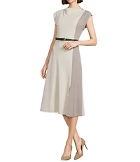 Donna Karan Scuba Crepe Short Sleeve A-Line Belted Midi Dress