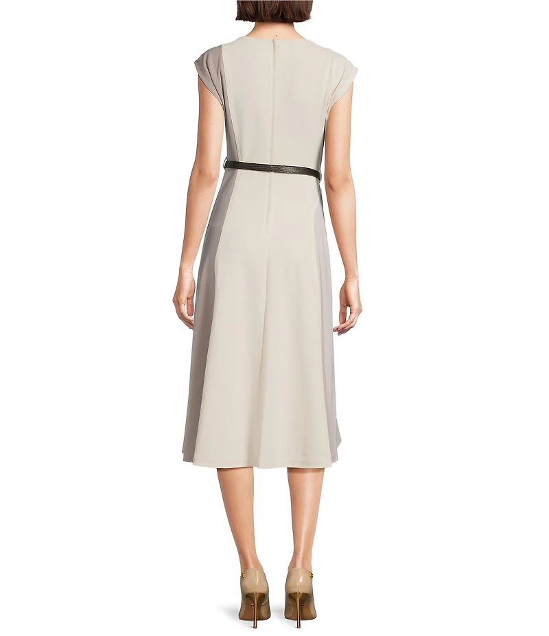 Donna Karan Scuba Crepe Short Sleeve A-Line Belted Midi Dress