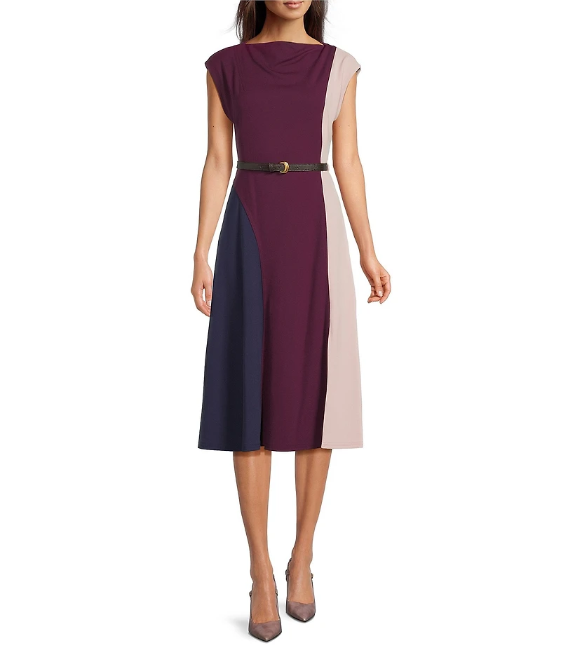 Donna Karan Scuba Crepe Short Sleeve A-Line Belted Midi Dress