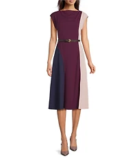 Donna Karan Scuba Crepe Short Sleeve A-Line Belted Midi Dress