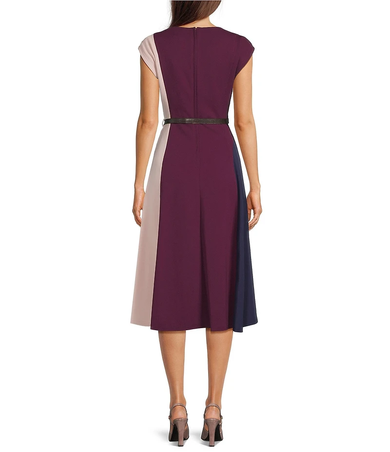 Donna Karan Scuba Crepe Short Sleeve A-Line Belted Midi Dress